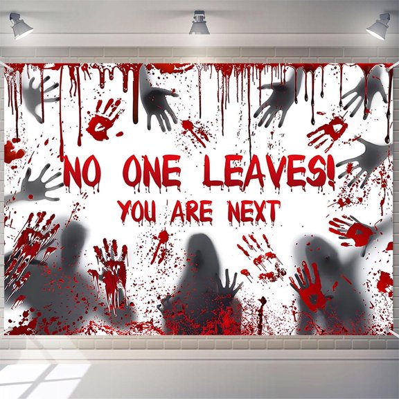 7x5ft Happy Halloween Backdrop No One Leaves Banner Scary Wall Red Handprints for Party Decorations Photo Booth