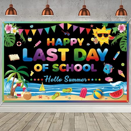 7x5ft Happy Last Day of School Backdrop End of School Year Theme Background Summer End of School Party Summer Vacation Decorations Banner Photo Booth Props