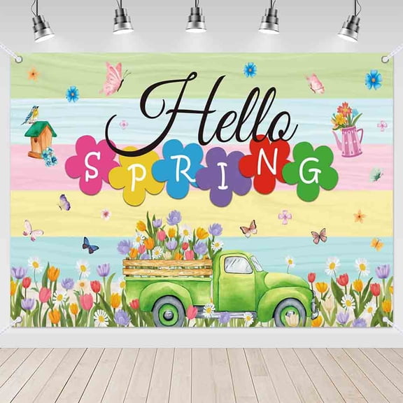 7x5ft Hello Spring Truck and Tulips Floral Backdrop for Spring Easter