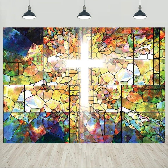 7x5ft Jesus Christ Cross Backdrop Stained Glass Holy Bible for Church Event Photography Background Crucifix Christian Religious Easter Decorations Banner Portraits Photo Studio Props