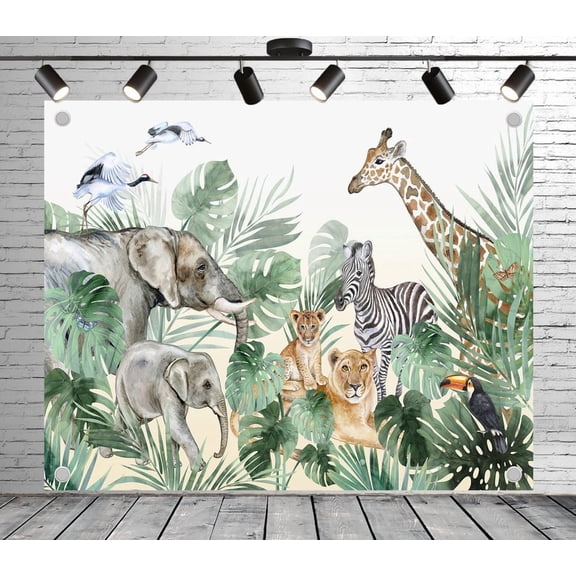 7x5ft Jungle Backdrop Wildlife Animal and Tropical Foliage Photo Backdrop Garden Background Decoration Banner for Theme Party Wedding Birthday Baby Shower Photo Booth Studio Props