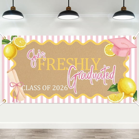 7x5ft Lemon Theme Graduation Backdrop She's Freshly Graduated  Background Pink Bow Garland for Class of 2026 Farewell and Going Away Party Decorations Banner Photo Booth Props