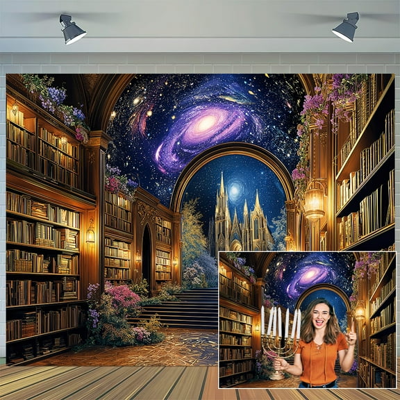 7x5ft Library Backdrop the Milky way Medieval Room Study Decoration Portrait Background Fairy Tale Magic School Bookshelf Wall Art Photo Studio Booth Props