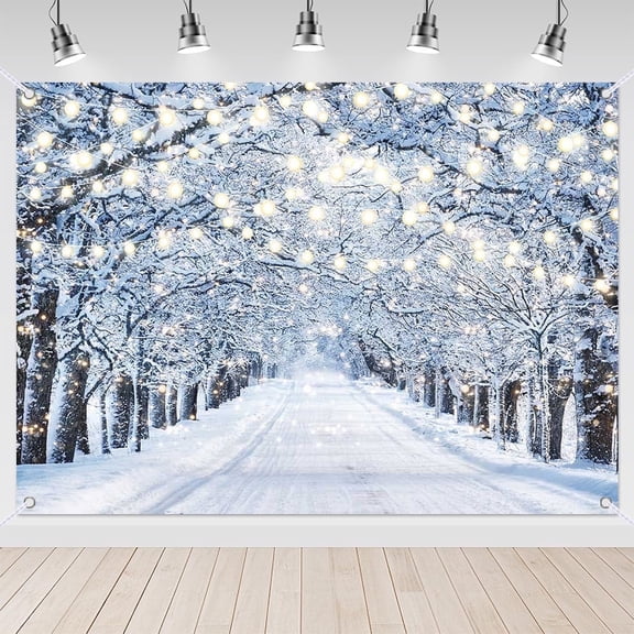 7x5ft Light Strip Snowy Forest Path Winter Backdrop for Christmas Party Photography Family Photoshoot and Holiday Home Decoration
