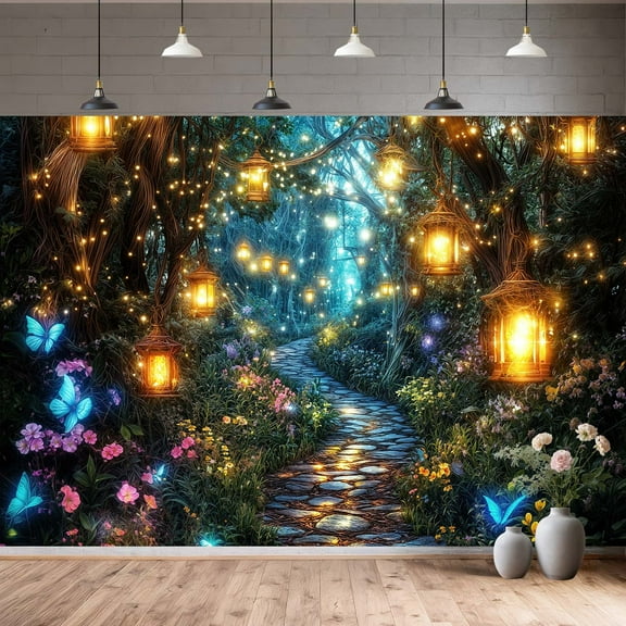 7x5ft Magic Forest Wonderland Backdrop Enchanted Garden Photography Background with Butterfly Woodland Jungle Green Firefly Stone Path Fantasy Photo Shoot Decor Props