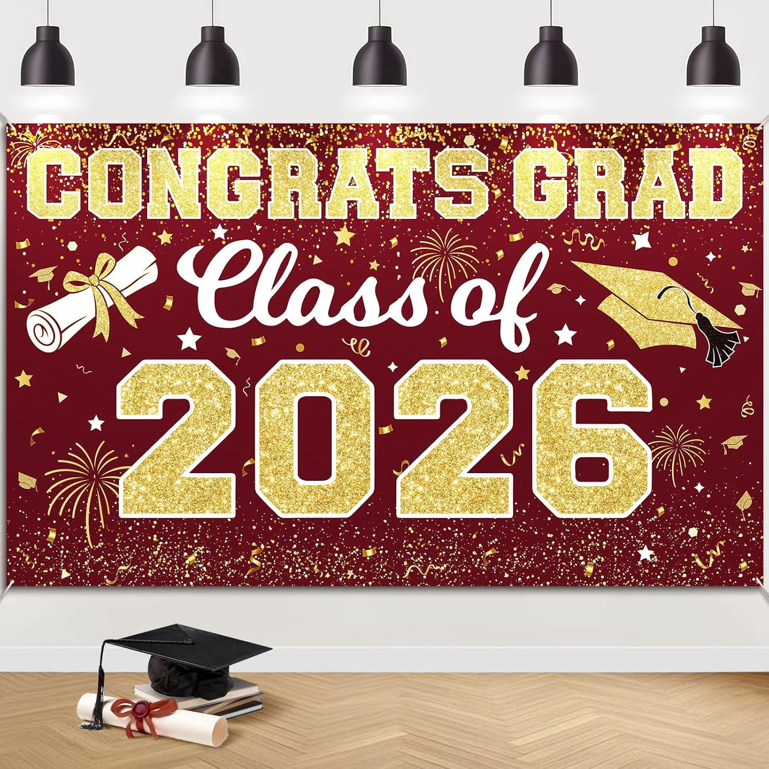 7x5ft Maroon Gold Congrats Grad Backdrop Class of 2026 Graduation ...
