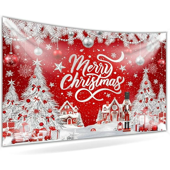 7x5ft Merry Christmas Backdrop Banner Nutcracker Soldier Red Silver xtmas Tree Background for Photography Winter Holiday Christmas Party Decorations Photo Booth Props