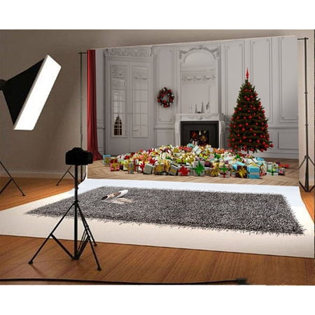 7x5ft Merry Christmas Backdrop Decoration Tree Fireplace Gifts Garland White Carving Wallpaper Vintage Wood Floor Interior Photography Background Kids Adults Photo Studio Props