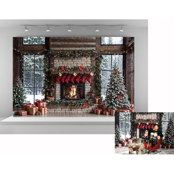 7x5ft Merry Christmas Backdrops for Photography Xmas Tree s Background Santa Socks Brick Fireplace Celebrate Holiday Party Banner Studio Backdrop