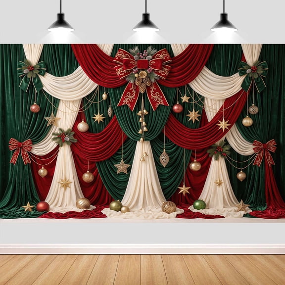 7x5ft Merry Christmas Photography Backdrop, Vintage Classic Red Green Curtain Bow Christmas Background Banner for Xmas Holiday New Year Family Party Decor Photo Booth Props