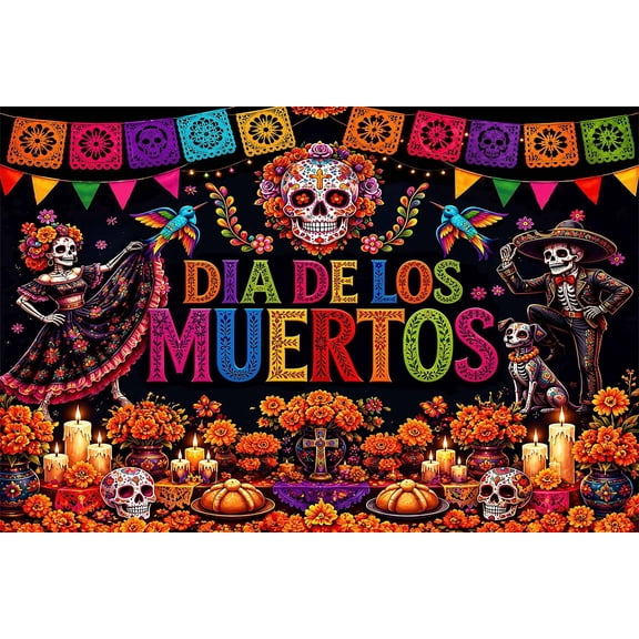 7x5ft Mexican Day of the Dead Backdrop Dia de Los Muertos Photo Background Banner Sugar Skull Catrina Marigold Backdrop for Mexican Fiesta Party Decorations Wall Decor Photo Props