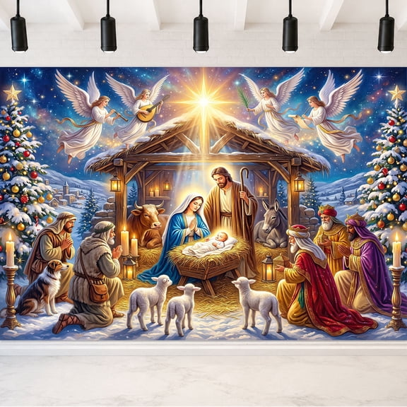 7x5ft Nativity Scene Christmas Backdrop, Holy Manger Photography Background, Angels Wise Men Winter Xmas Photo Booth Prop for Holiday Church Party, Studio