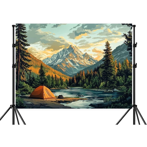 7x5ft Nature Mountain Forest Camping Backdrop Scene Orange Tent Camping Adventure Photography Background for Children Adults Baby Shower Camper Party Decoration Banner Photo Props