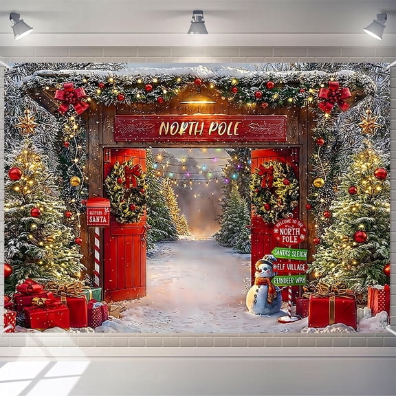 7x5ft North Pole Christmas Backdrop Winter Forest Snowy Barn Door Xmas Tree Photography Background for Family Holiday Party
