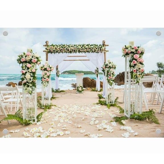 7x5ft Ocean Beach Wedding Photoshoot Backdrop Log Flower White Tulle Arch Bride and Groom Ceremony Party Engagement Proposal Background Photography Studio Props