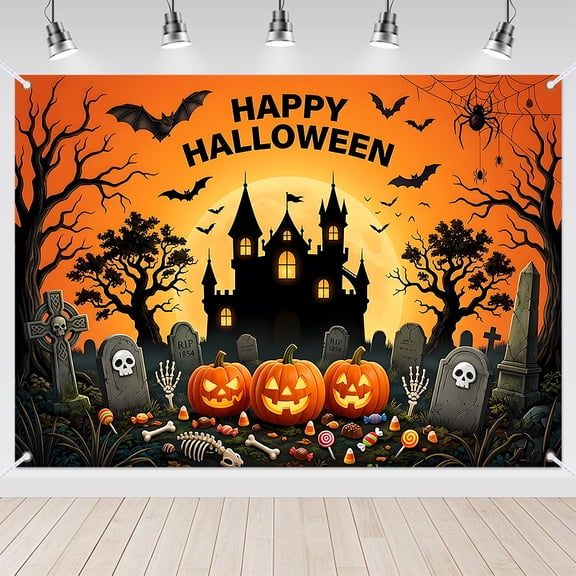7x5ft Orange Haunted House Halloween Backdrop for Party Photo Booth