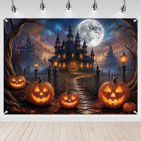 7x5ft Orange Pumpkin and Haunted Castle Halloween Backdrop for Party