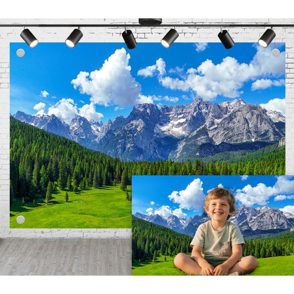 7x5ft Outdoor Background Blue Sky White Clouds Snow Capped Peaks Pine Forest Green Meadow Scenic Wedding Birthday Party Photography Backdrop