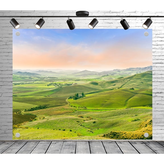 7x5ft Outdoor Background Pink Hued Sky Green Rolling Hills Pastoral Landscape Scenic Wedding Photoshoot Birthday Party Photography Backdrop