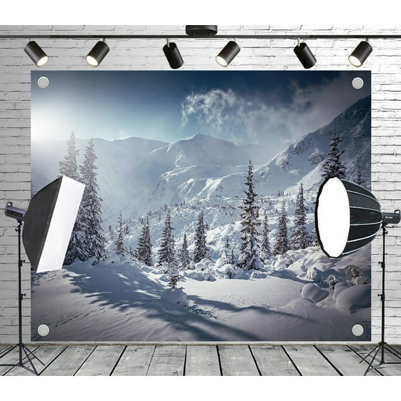 7x5ft Outdoor Background Snowy Pine Forest Sunlit Snow Mountains Winter Scenic Wedding Birthday Party Photography Backdrop
