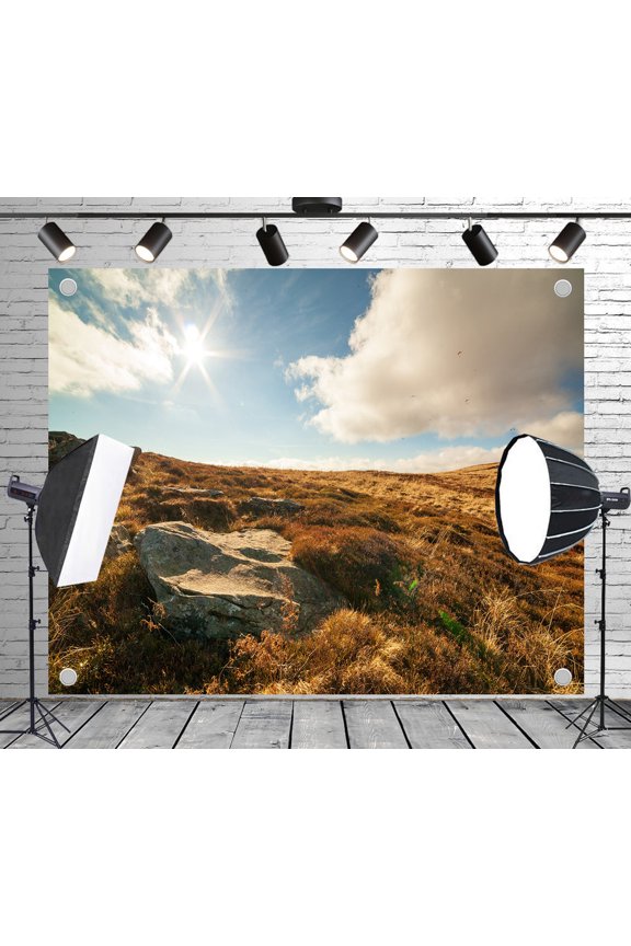 7x5ft Outdoor Background Sunlit Moorland Rocks Blue Sky Clouds Scenic Wedding Birthday Party Photography Backdrop