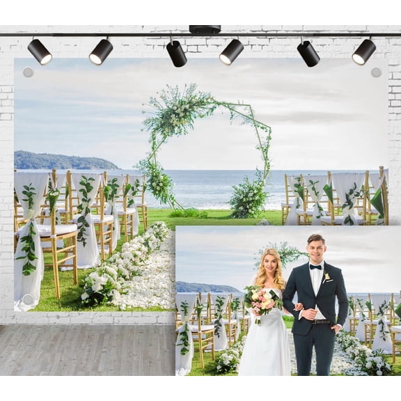 7x5ft Outdoor Beach Wedding Photoshoot Backdrop Green Archway Sea Lawn Flower-covered Pathway Background For Engagement Proposal Birthday Party Decoration Outdoor Theme Video Studio Props
