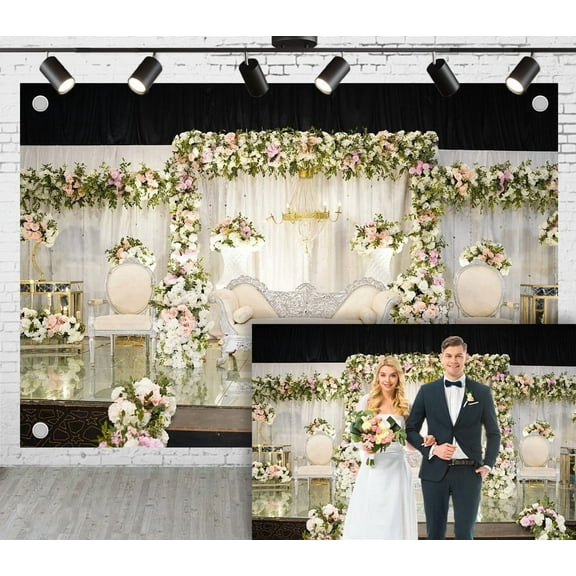 7x5ft Palace Wedding Photoshoot Backdrop Flowery White Curtain with Carved Silver Sofa and Chairs Ceremony Party Group Photo Engagement Proposal Background Photography Studio Props