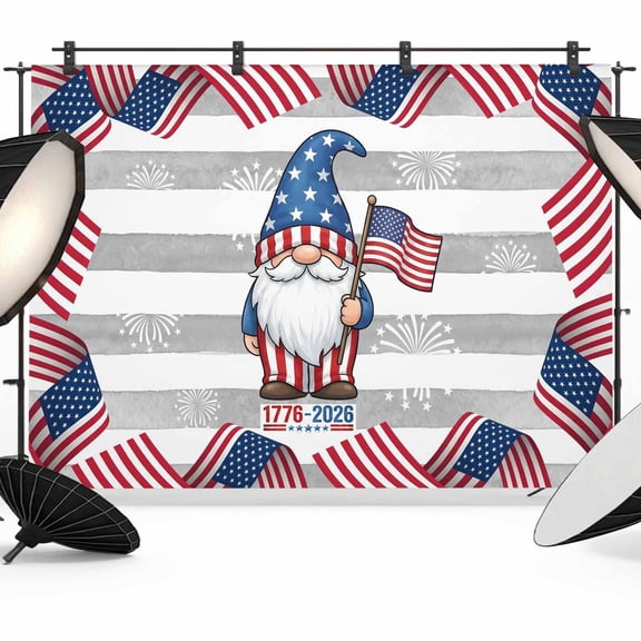 7x5ft Photo Backdrop, 250 Year American Anniversary Flag Soft Polyester Backdrop Curtains Photography Backdrops, Grey Striped Gnomes Fireworks Brushed Background for Photoshoots Studio Video Portrait