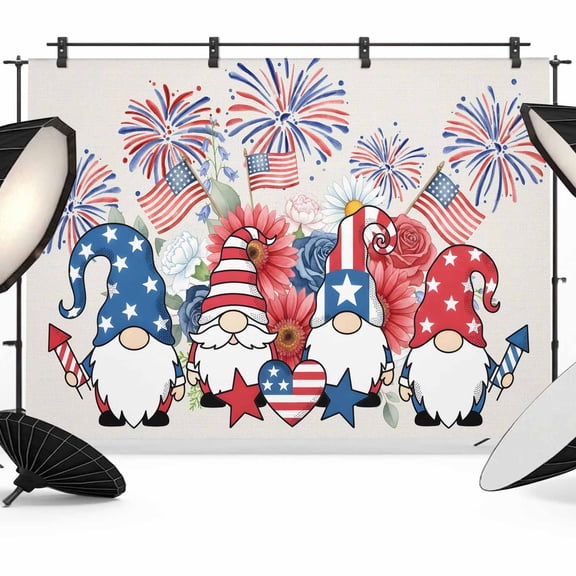 7x5ft Photo Backdrop, 4 of July Soft Polyester Backdrop Curtains Photography Backdrops, American Flag Gnomes Blue Red Fireworks Floral Brushed Background for Photoshoots Studio Video Portrait Parties