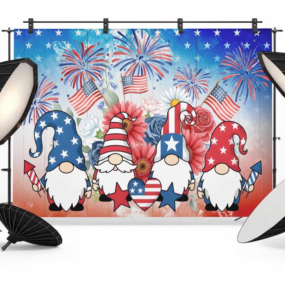 7x5ft Photo Backdrop, 4 of July Soft Polyester Backdrop Curtains Photography Backdrops, American Flag Gnomes Fireworks Daisy Reetro Red Blue Brushed Background for Photoshoots Studio Video Portrait