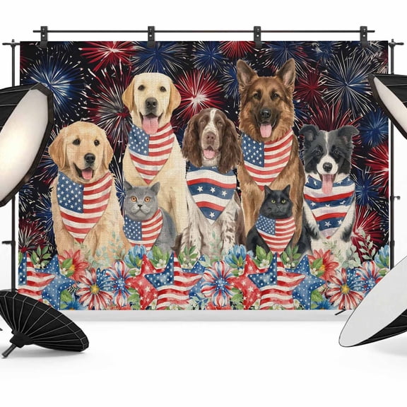 7x5ft Photo Backdrop, 4th of July Fireworks Soft Polyester Backdrop Curtains Photography Backdrops, Independence Day Dogs Poppy Floral Brushed Background for Photoshoots Studio Video Portrait Parties