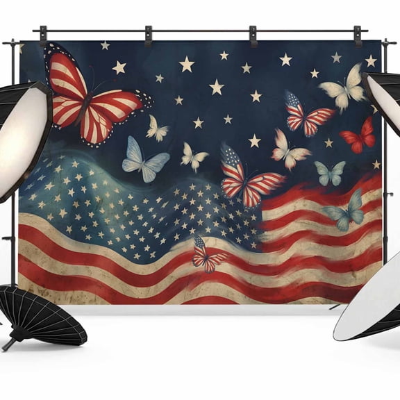7x5ft Photo Backdrop, 4th of July Soft Polyester Backdrop Curtains Photography Backdrops, American Flag Butterfly Independence Day Retro Brushed Background for Photoshoots Studio Video Portrait Party