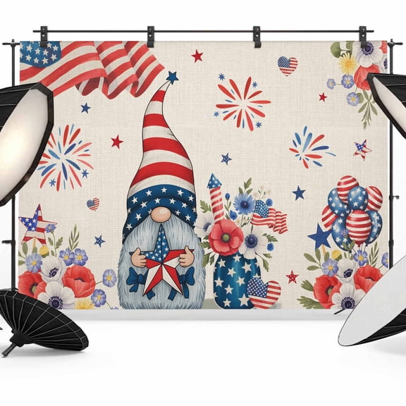 7x5ft Photo Backdrop, 4th of July Soft Polyester Backdrop Curtains Photography Backdrops, Retro Patriotic Gnomes Flowers Flag Firework Brushed Background for Photoshoots Studio Video Portrait Parties