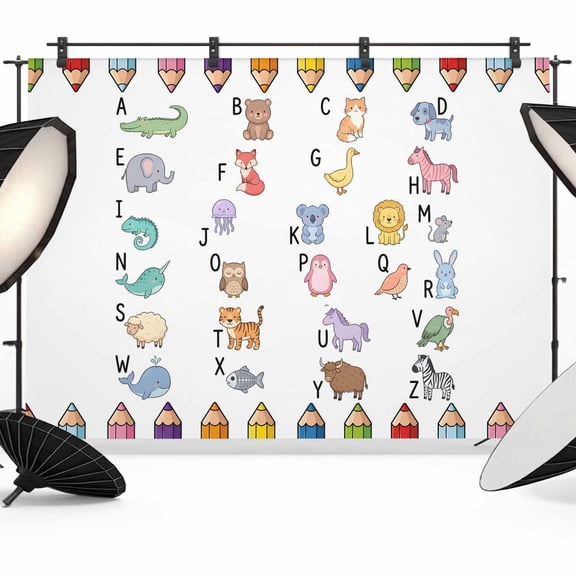 7x5ft Photo Backdrop, Alphabet Soft Polyester Backdrop Curtains Photography Backdrops, Cartoon Colorful Animals Letter Crayon Brushed Background for Photoshoots Studio Video Portrait Parties