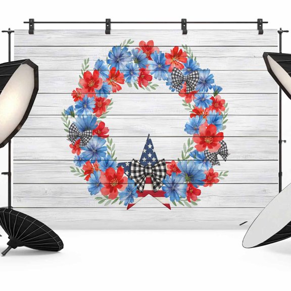 7x5ft Photo Backdrop, American Flag Soft Polyester Backdrop Curtains Photography Backdrops, Blue Red Flowers Boho 4th of July Gray Wood Brushed Background for Photoshoots Studio Video Portrait Party