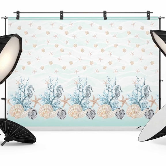 7x5ft Photo Backdrop, Aqua Coastal Shell Soft Polyester Backdrop Curtains Photography Backdrops, Nautical Coral Starfish Seahorse Brushed Background for Photoshoots Studio Video Portrait Parties