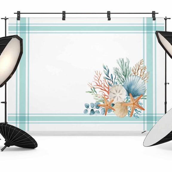 7x5ft Photo Backdrop, Aqua Coastal Soft Polyester Backdrop Curtains Photography Backdrops, Nautical Seashells Coral Leaves Stripes Brushed Background for Photoshoots Studio Video Portrait Parties