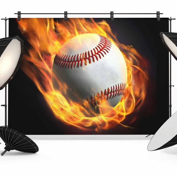 7x5ft Photo Backdrop, Baseball Soft Polyester Backdrop Curtains Photography Backdrops, Modern Buruning Flame Sport Black Background Brushed Background for Photoshoots Studio Video Portrait Parties