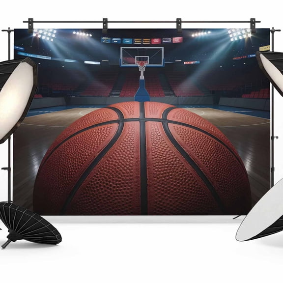 7x5ft Photo Backdrop, Basketball Soft Polyester Backdrop Curtains Photography Backdrops, Sports Theme Stadium Field Lights Ball Brushed Background for Photoshoots Studio Video Portrait Parties