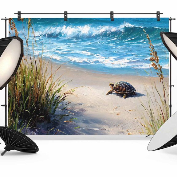 7x5ft Photo Backdrop, Beach Coastal Soft Polyester Backdrop Curtains Photography Backdrops, Summer Nautical Seaside Ocean Sea Turtle Brushed Background for Photoshoots Studio Video Portrait Parties
