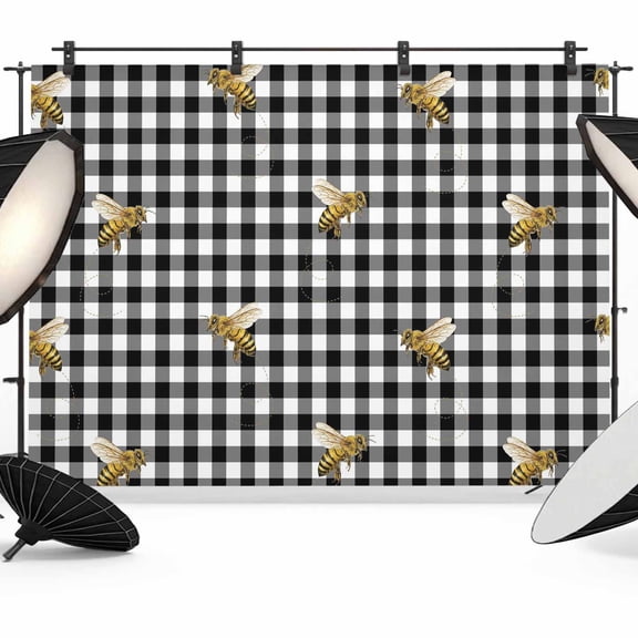 7x5ft Photo Backdrop, Bees Soft Polyester Backdrop Curtains Photography Backdrops, Spring Summer Modern Animals Black Plaid Checkered Brushed Background for Photoshoots Studio Video Portrait Parties