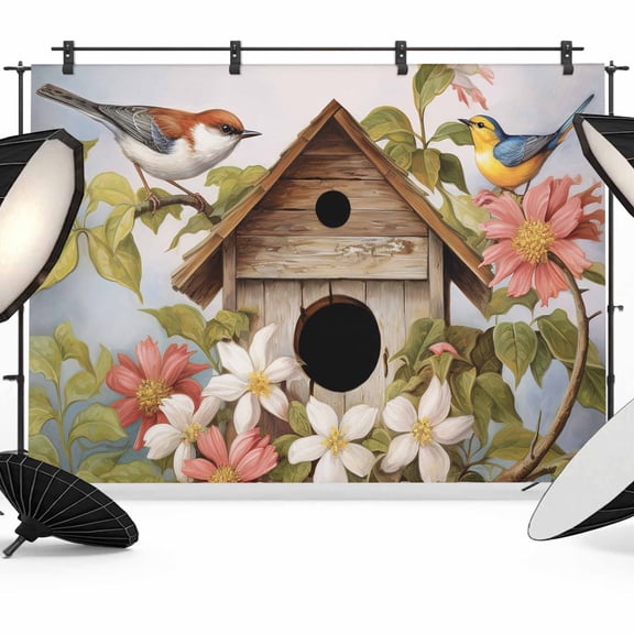 7x5ft Photo Backdrop, Birdhouse Vintage Soft Polyester Backdrop Curtains Photography Backdrops, Spring Floral Birds Botanical Brushed Background for Photoshoots Studio Video Portrait Parties