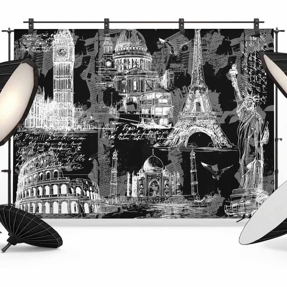7x5ft Photo Backdrop, Black Architecture Soft Polyester Backdrop Curtains Photography Backdrops, Abstract City Eiffel Tower Modern Brushed Background for Photoshoots Studio Video Portrait Parties