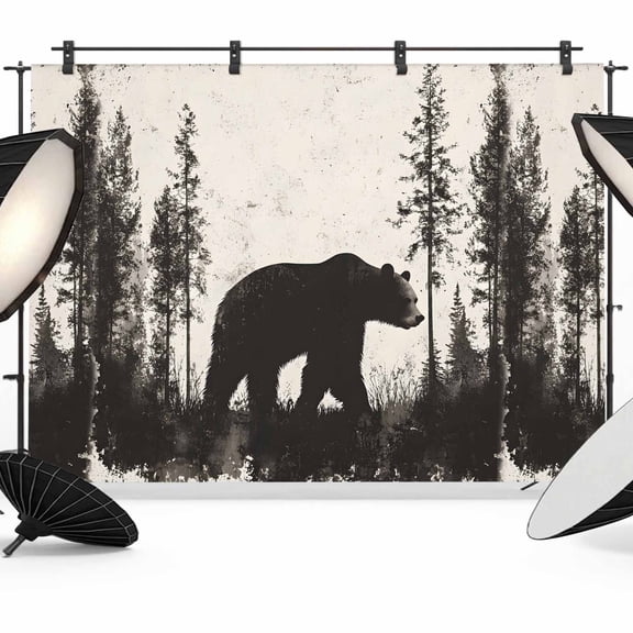7x5ft Photo Backdrop, Black Bear Soft Polyester Backdrop Curtains Photography Backdrops, Vintage Forest Cabin Animals Silhouette Brushed Background for Photoshoots Studio Video Portrait Parties