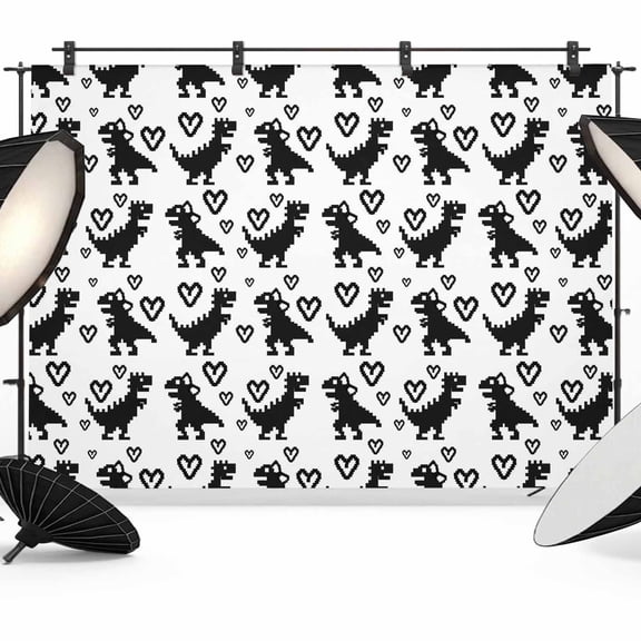 7x5ft Photo Backdrop, Black Dinosaur Soft Polyester Backdrop Curtains Photography Backdrops, Cartoon Funny Cute Dino Love Heart Brushed Background for Photoshoots Studio Video Portrait Parties