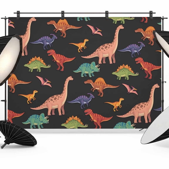 7x5ft Photo Backdrop, Black Dinosaur Soft Polyester Backdrop Curtains Photography Backdrops, Colorful Animals Cute Funny Cartoon Brushed Background for Photoshoots Studio Video Portrait Parties