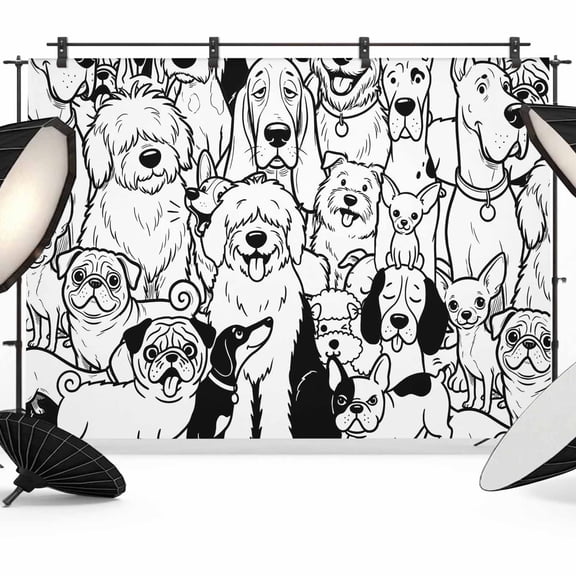 7x5ft Photo Backdrop, Black Dog Soft Polyester Backdrop Curtains Photography Backdrops, Cute Line Cartoon Funny Animals Brushed Background for Photoshoots Studio Video Portrait Parties