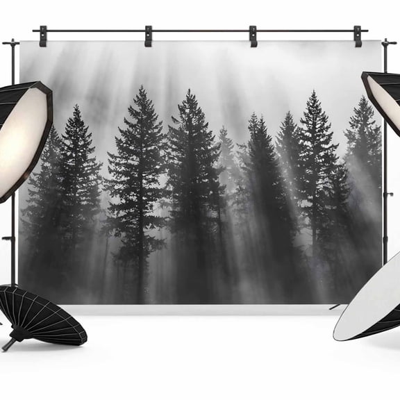 7x5ft Photo Backdrop, Black Forest Soft Polyester Backdrop Curtains Photography Backdrops, Pine Tree Misty Botanical Natural Landscape Brushed Background for Photoshoots Studio Video Portrait Parties