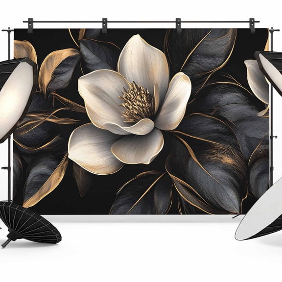 7x5ft Photo Backdrop, Black Gold Flower Soft Polyester Backdrop Curtains Photography Backdrops, Gradient Luxurious Floral Botanical Brushed Background for Photoshoots Studio Video Portrait Parties