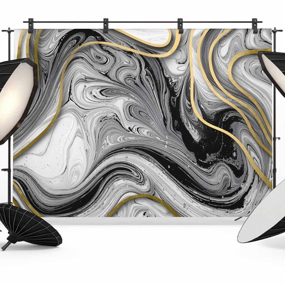 7x5ft Photo Backdrop, Black Gray Marble Soft Polyester Backdrop Curtains Photography Backdrops, Vintage Golden Abstract Patterned Brushed Background for Photoshoots Studio Video Portrait Parties